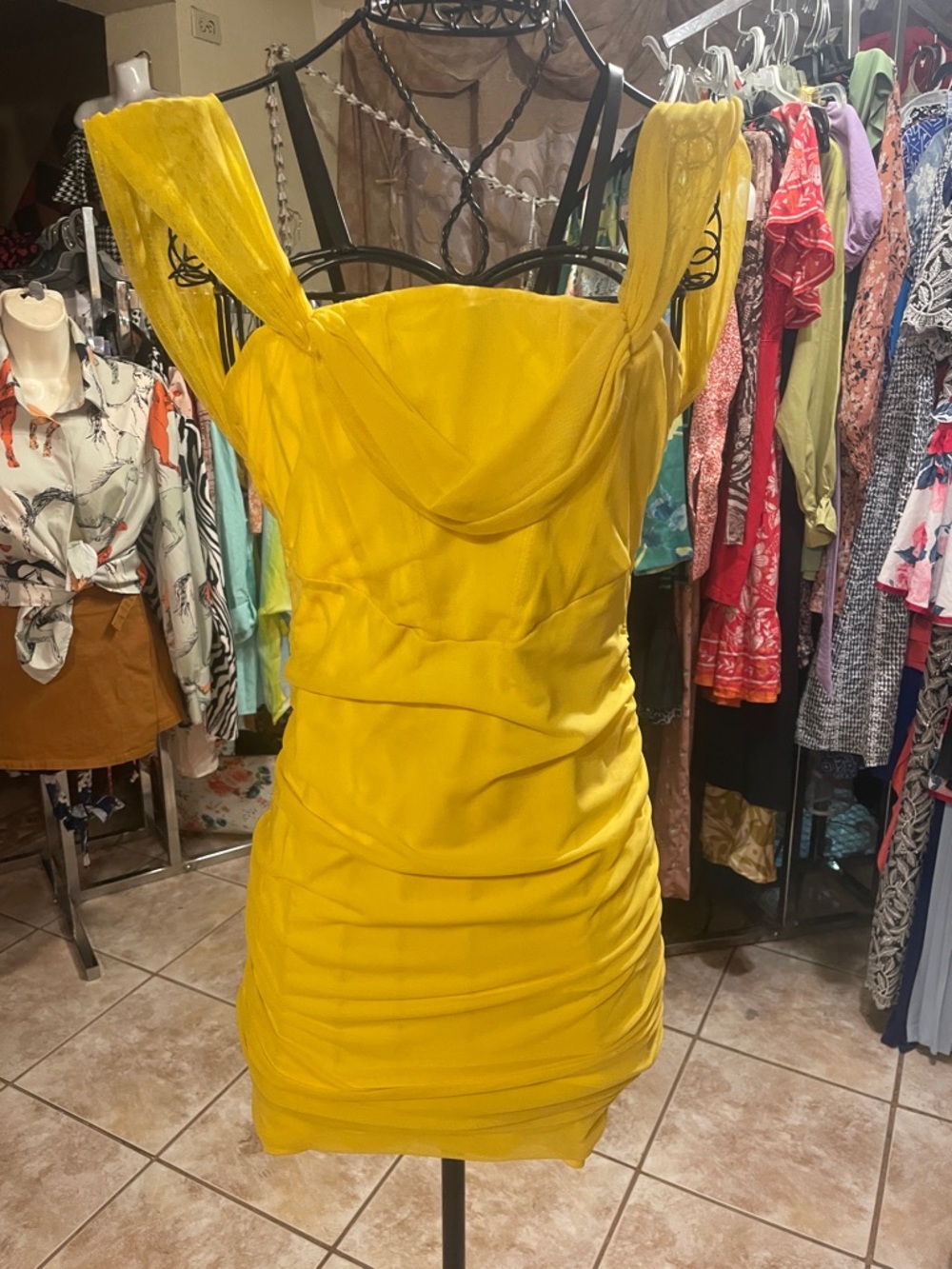 Yellow Off-Shoulder Ruched Mini Dress